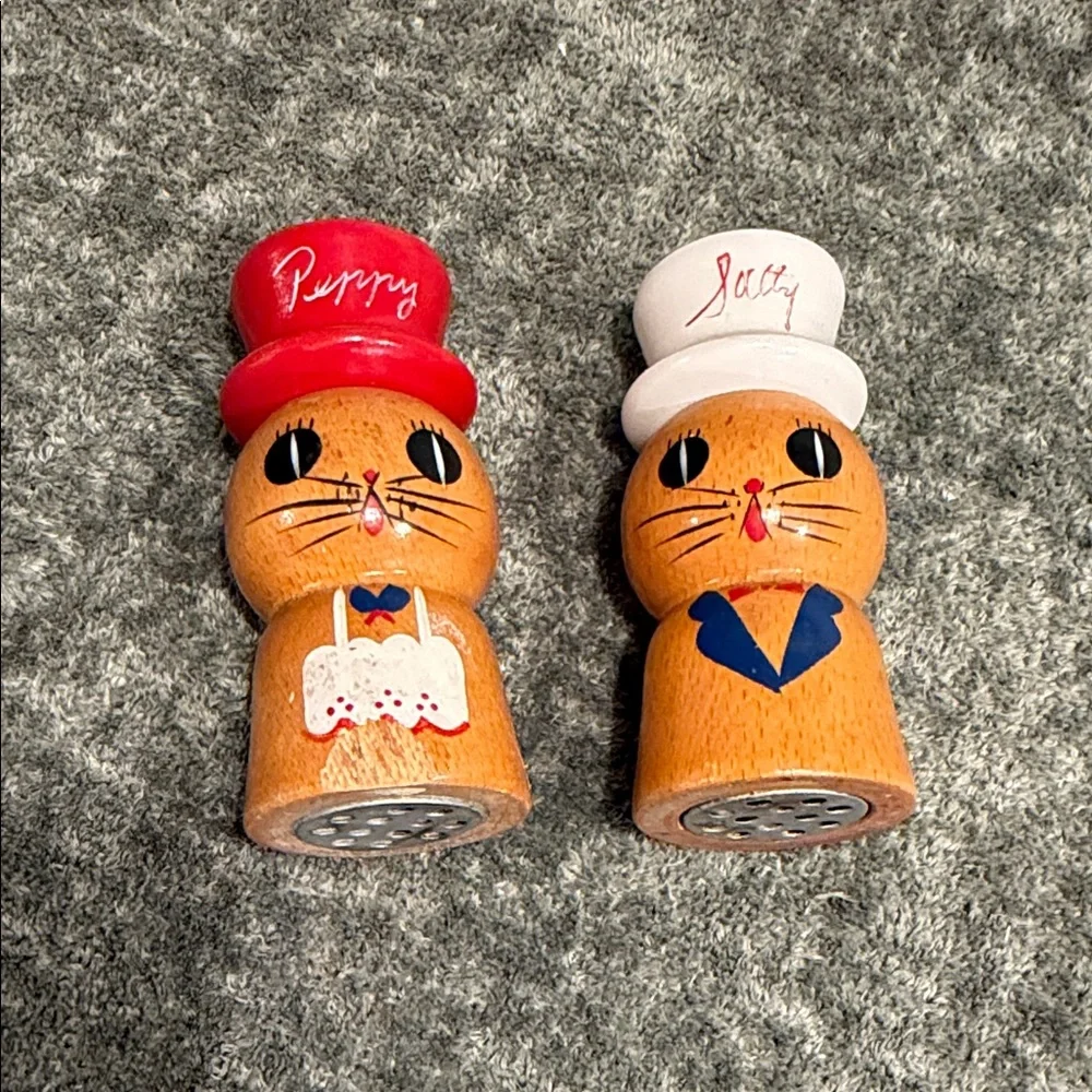 Hand-Painted Wooden Cat Salt and Pepper Shakers - Red & White Hats
